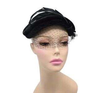 MCM Vintage Black Velvet Crescent Hat & Feather